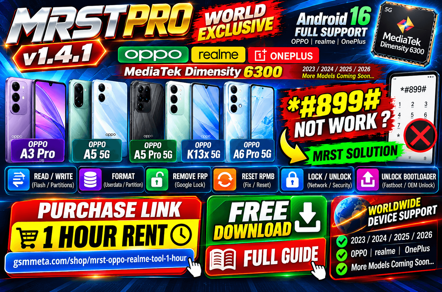 Download MRST PRO v1.4.1 and explore OPPO, realme, Android 16 FRP servicing, Dimensity 6300 support and compatible device models.