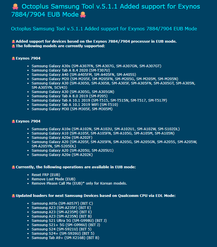 Download Octoplus Samsung Tool v5.1.1 latest update with Exynos 7884/7904 EUB mode support, FRP reset, and new Samsung models.